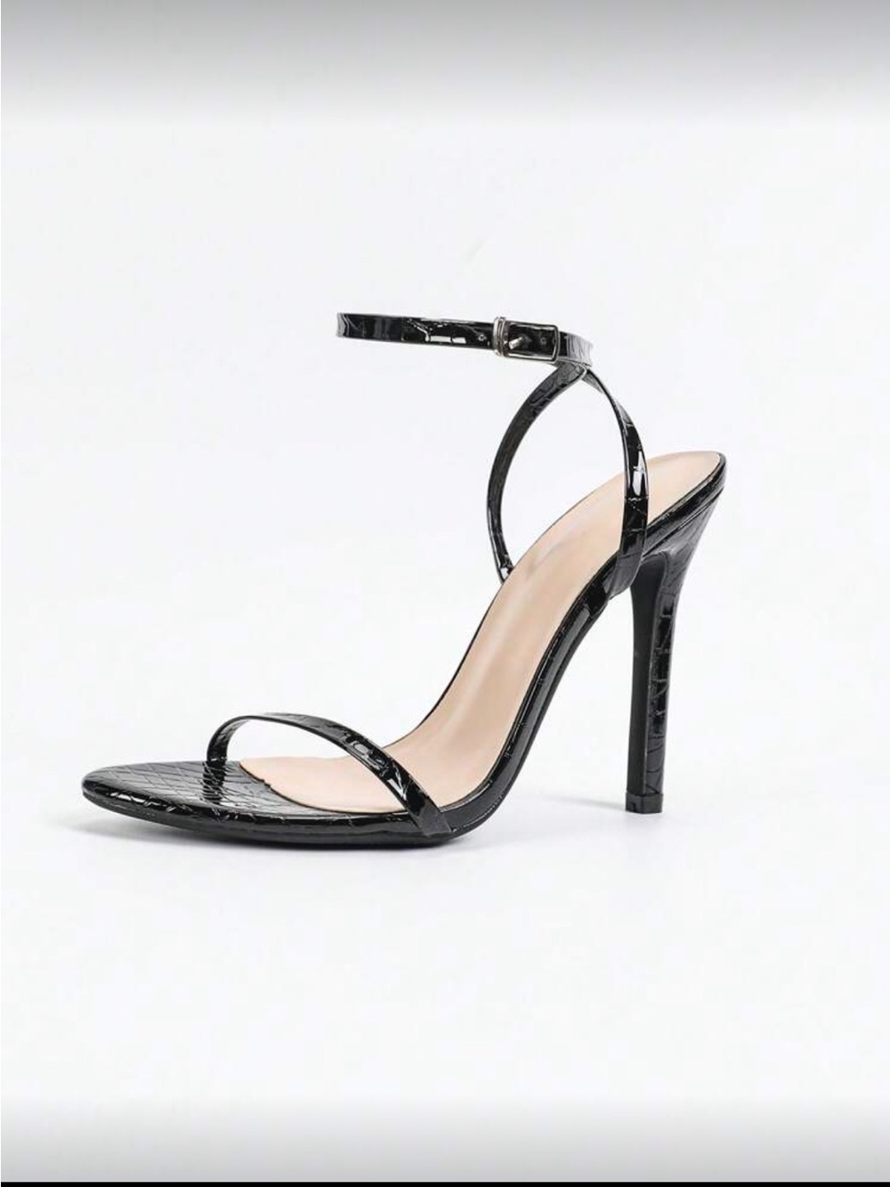 Black Patent Croc-Texture Stiletto Ankle-Strap Sandal by